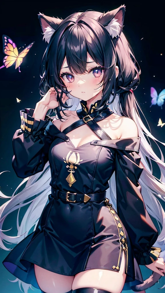 girl,Cat girl,Black hair,Left eye covered by hair,A butterfly rests on the left eye,Wizard's hat,Black magic robes,A mysterious texture is carved on it,Emitting the light of stars,There is a potion hanging on the left side of the belt,On the right hangs the Seed of Sorrow,There is a black figure behind,She stretched out her hands,There are many people around, swelling up and about to explode