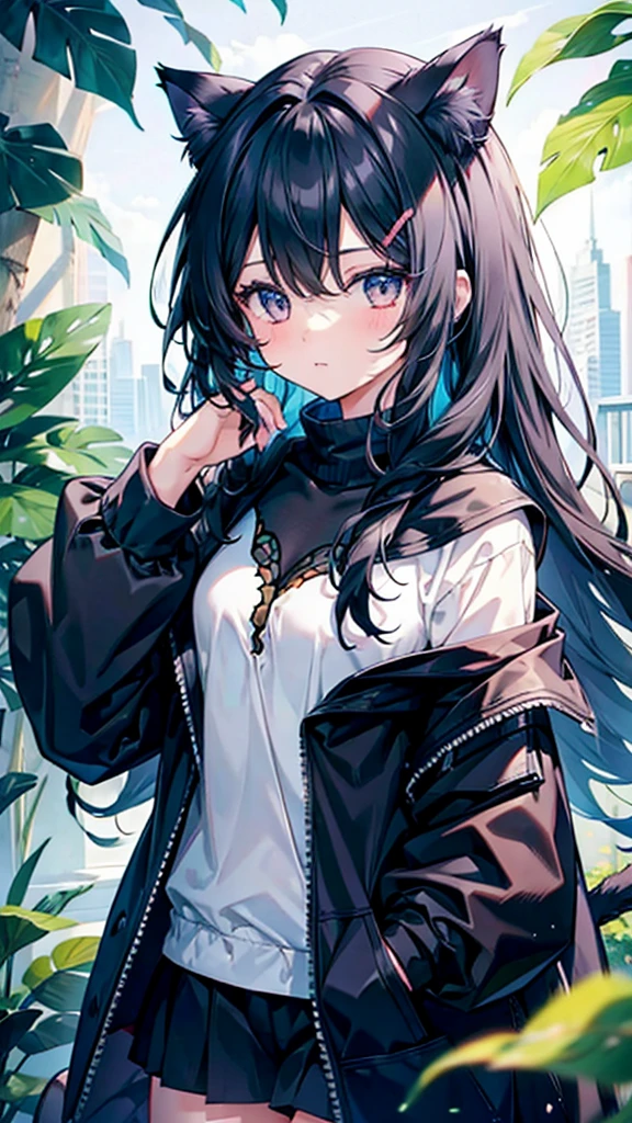 girl，Cat girl，Black hair，Left eye covered by hair，A butterfly rests on the left eye，Wizard&#39;s hat，Black magic robes，A mysterious texture is carved on it，Emitting the light of stars，There is a potion hanging on the left side of the belt，On the right hangs the Seed of Sorrow，There is a black figure behind，She stretched out her hands，There are many people around, swelling up and about to explode