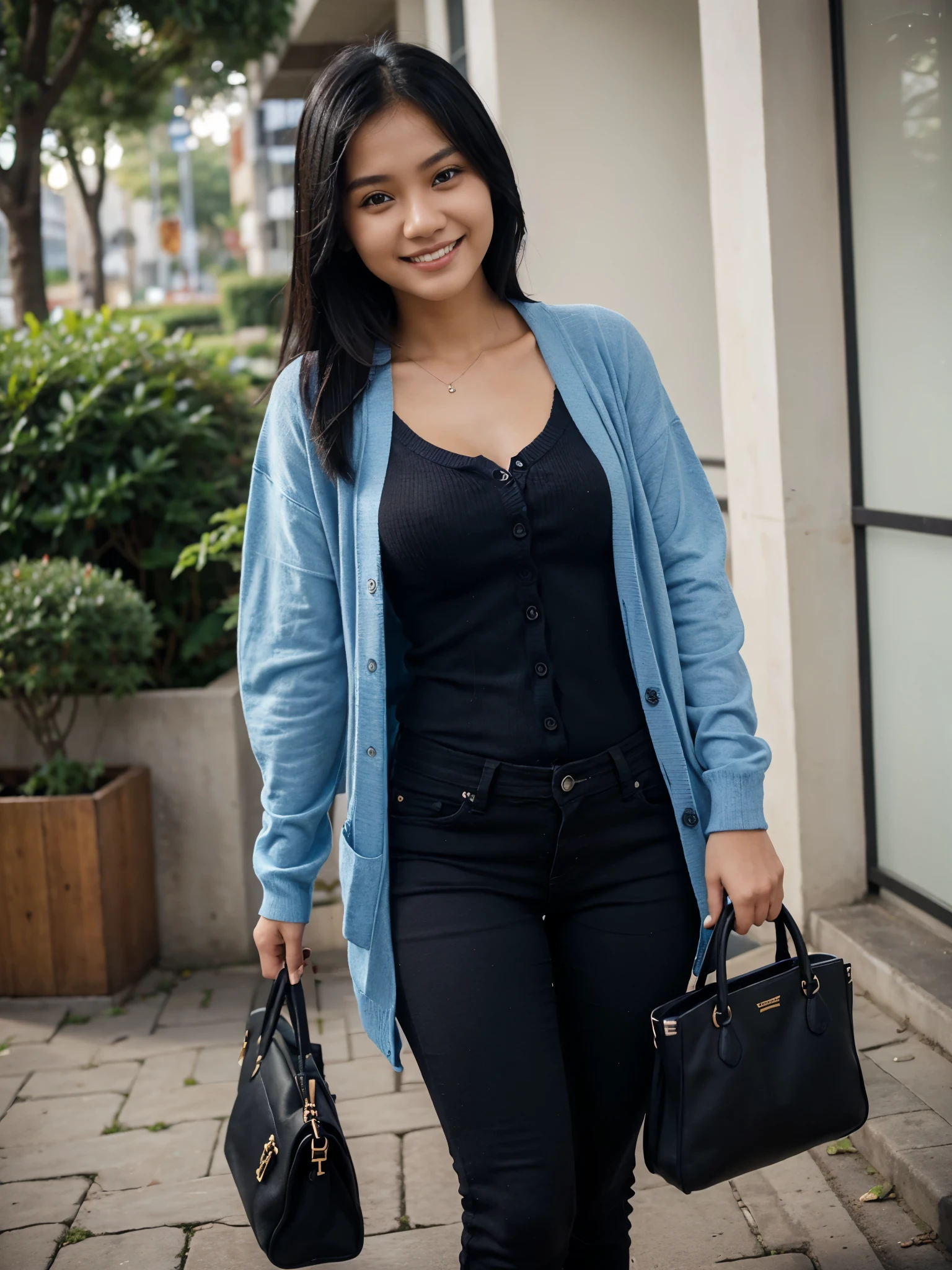 22 years old, girl, blue shirt and cardigan, black skinny jeans, black hair, indonesian girl, smile, with heel and bag, university