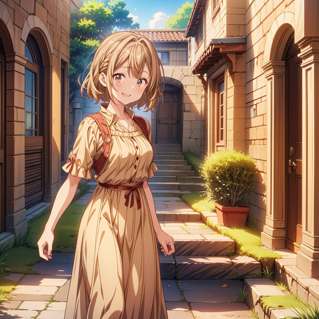 1girl,(anime coloring:1.2), best quality, looking at viewer, happy smile,short wavy hair, chestnut hair, feminine,(solid Maxi dress), (Light brown color Short sleeve Maxi dress:1.3),Medieval Europe,Ancient Village,((Fantasy)),900s AD,lively square,