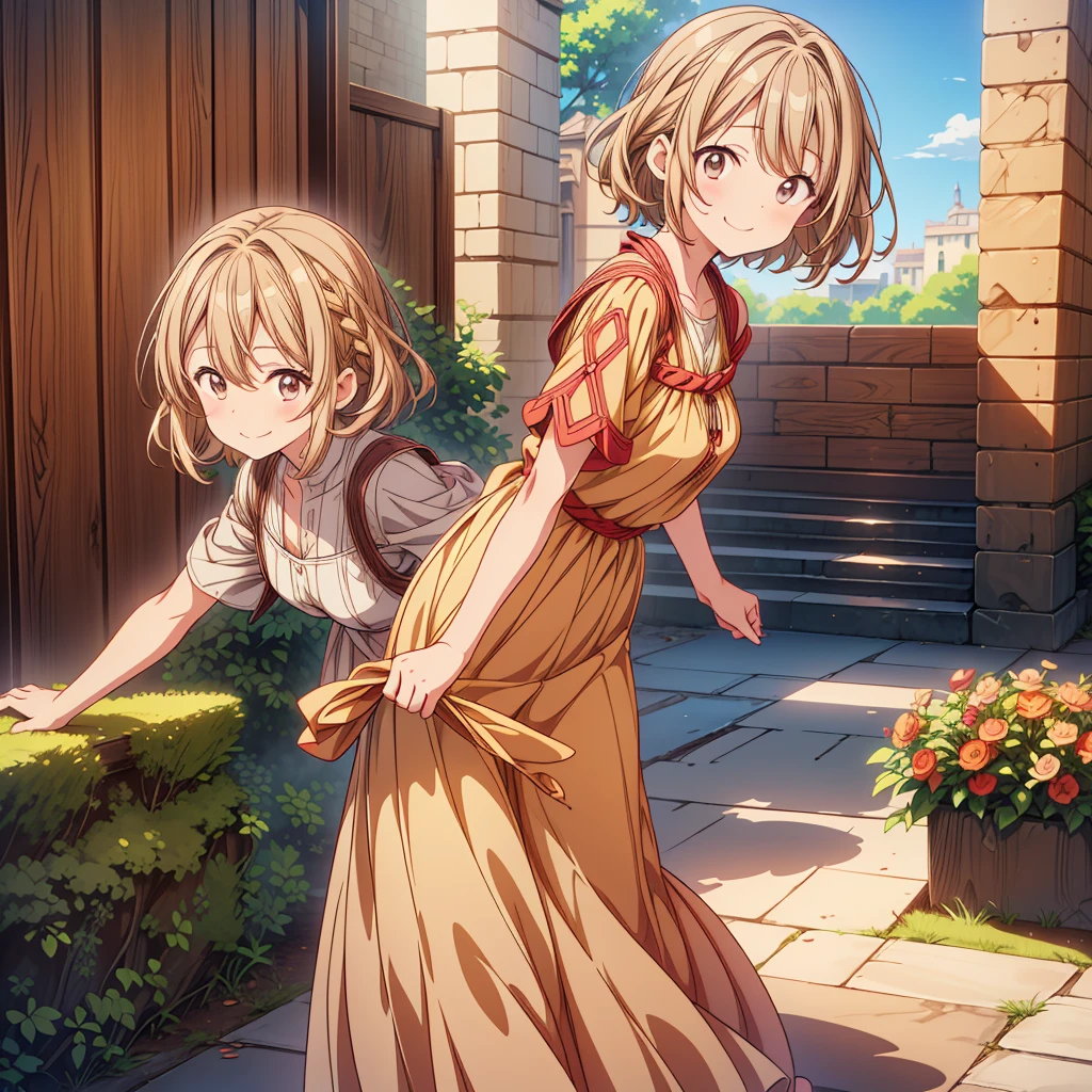 1girl,(anime coloring:1.2), best quality, looking at viewer, happy smile,short wavy hair, chestnut hair, feminine,(solid Maxi dress), (Light brown color Short sleeve Maxi dress:1.3),Medieval Europe,Ancient Village,((Fantasy)),900s AD,lively square,