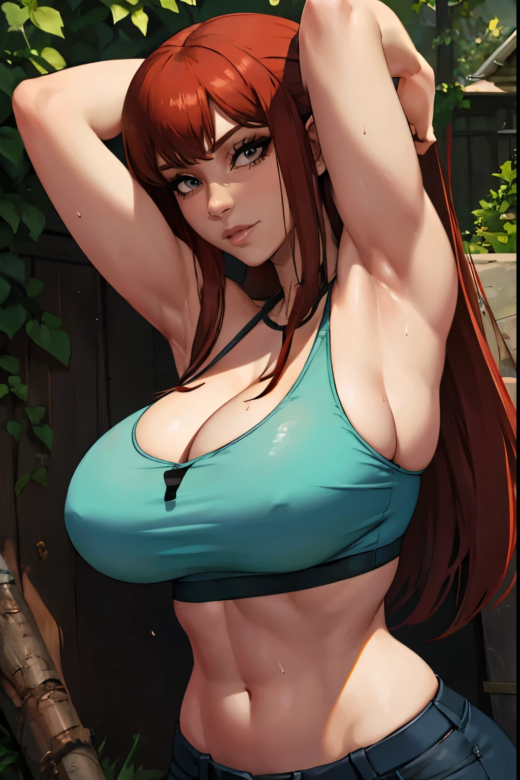 Big brests, smelly armpits, armpits out, little hairy on the armpits, hairy armpits, focus on the armpits, pleasure expression, makima from chainsaw man, musky on armpits, oiled up, smelly armips