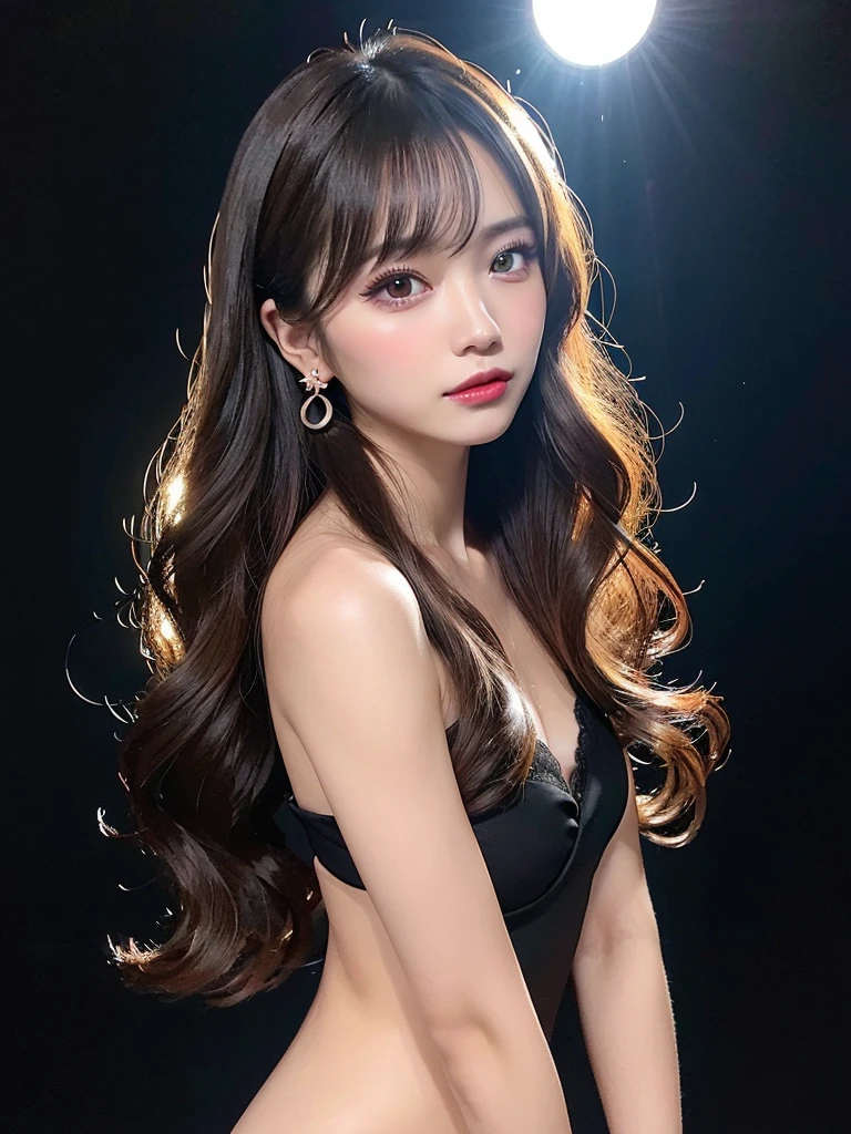 Black background、(((Mid-shot photo 1.5)))、 Highest quality, figure, Very detailed, In detail, High resolution, 8k wallpaper, Perfect dynamic composition, ((Apply full make-up to the face:1.2)), Beautiful attention to detail, Black cloth, Black cloth with chiffon lace, See-throughショルダースリーブ, Sexy Face, Bright light in the background、(((naked)))、High leg、See-through、Loose wavy hair、Earrings、