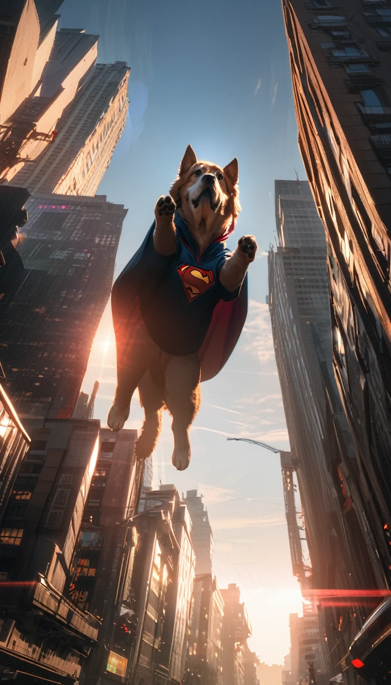 Low angle view，Looking up，Dog in Superman costume hovers over city，Canon EOS R5，Photo effects，Graininess，Glowing Effects，Super Fine，Ultra-realistic，Real light and shadow contrast，True ray tracing，True light falloff，True light reflection，Anti-aesthetic style，Poodlepunk，Snapshot aesthetic style ， High Saturation，CG Art， Makoto Shinkai&#39;s photo, pure, Concept Art, Lofi Art style，Shinkai Makoto animation art style, Lofi Art, Beautiful anime scene, Anime Landscape, Detailed scenery, Makoto Shinkai&#39;s style, Makoto Shinkai&#39;s style, Enhance Details
