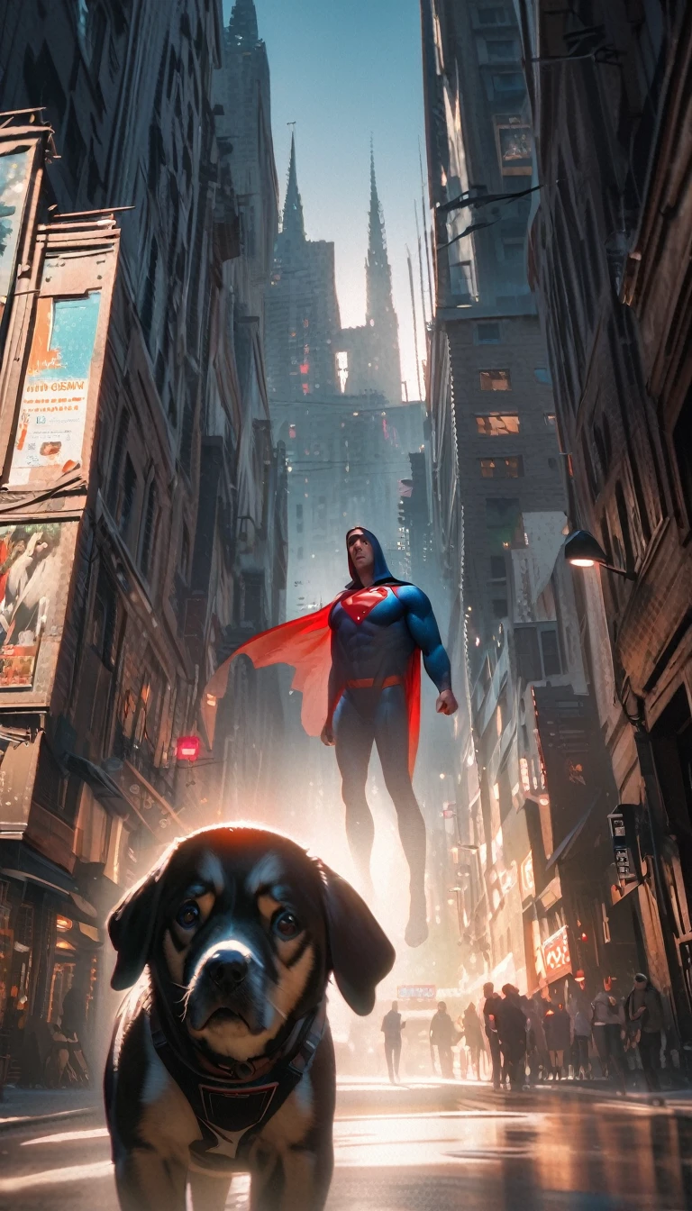 Low angle view,Looking up,Dog in Superman costume hovers over city,Canon EOS R5,Photo effects,Graininess,Glowing Effects,Super Fine,Ultra-realistic,Real light and shadow contrast,True ray tracing,True light falloff,True light reflection,Anti-aesthetic style,Poodlepunk,Snapshot aesthetic style , High Saturation,CG Art, Makoto Shinkai's photo, pure, Concept Art, Lofi Art style,Shinkai Makoto animation art style, Lofi Art, Beautiful anime scene, Anime Landscape, Detailed scenery, Makoto Shinkai's style, Makoto Shinkai's style, Enhance Details