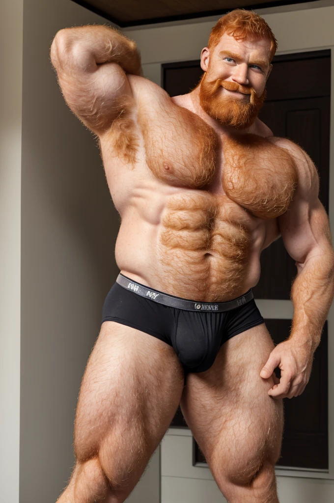 Extremely muscular, very hairy, rugged ginger daddy flexing his arms ((Sweaty)) ((Hairy)) ((Thick, full, curly ginger body hair all over)) ((Thick, excessive ginger chest hair)) ((Curly, full chest and torso hair)) ((Thick, full, ginger happy trail of hair all over his abs)) ((Late 40s)) ((Extremely handsome)) ((Square jaw)) ((Sweating)) ((Smiling menacingly)) ((wearing black underwear)) ((black briefs)) ((Excessive ginger body hair)) ((Buzz cut)) ((Extremely realistic)) ((Seductive glare)) ((Unibrow)) ((ginger unibrow)) ((caveman brow bone)) ((ginger handlebar moustache)) ((head to toe)) ((full body)) ((hairier)) ((more hair)) ((ape)) ((more body hair)) ((extreme body hair)) ((fur)) ((dad bod)) ((ginger)) ((black briefs)) ((underwear)) ((thick, ginger armpit hair)) ((clothed)) ((flexing arms)) ((flexing biceps)) ((buzz cut)) ((buzz cut)) ((older)) ((buzzed head)) ((no beard)) ((moustache only)) ((shaved chin)) ((gut)) (belly) chub