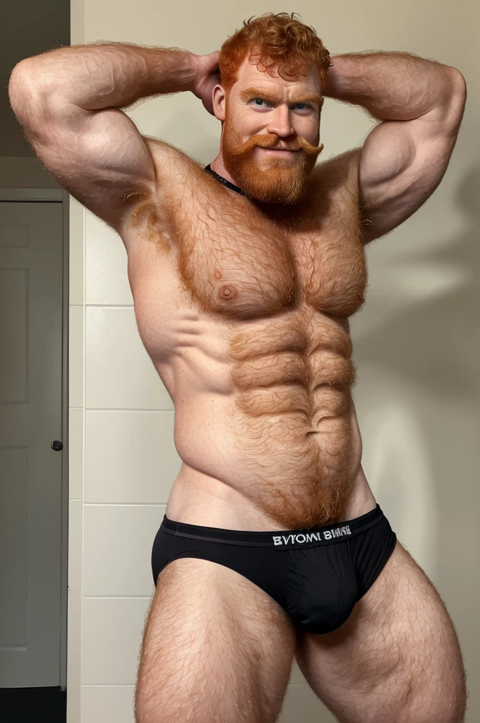 Extremely muscular, very hairy, rugged ginger daddy flexing his arms ((Sweaty)) ((Hairy)) ((Thick, full, curly ginger body hair all over)) ((Thick, excessive ginger chest hair)) ((Curly, full chest and torso hair)) ((Thick, full, ginger happy trail of hair all over his abs)) ((Late 40s)) ((Extremely handsome)) ((Square jaw)) ((Sweating)) ((Smiling menacingly)) ((wearing black underwear)) ((black briefs)) ((Excessive ginger body hair)) ((Buzz cut)) ((Extremely realistic)) ((Seductive glare)) ((Unibrow)) ((ginger unibrow)) ((caveman brow bone)) ((ginger handlebar moustache)) ((head to toe)) ((full body)) ((hairier)) ((more hair)) ((ape)) ((more body hair)) ((extreme body hair)) ((fur)) ((dad bod)) ((ginger)) ((black briefs)) ((underwear)) ((thick, ginger armpit hair)) ((clothed)) ((flexing arms)) ((flexing biceps)) ((buzz cut)) ((buzz cut)) ((older)) ((buzzed head)) ((no beard)) ((moustache only)) ((shaved chin)) ((gut)) (belly) chub
