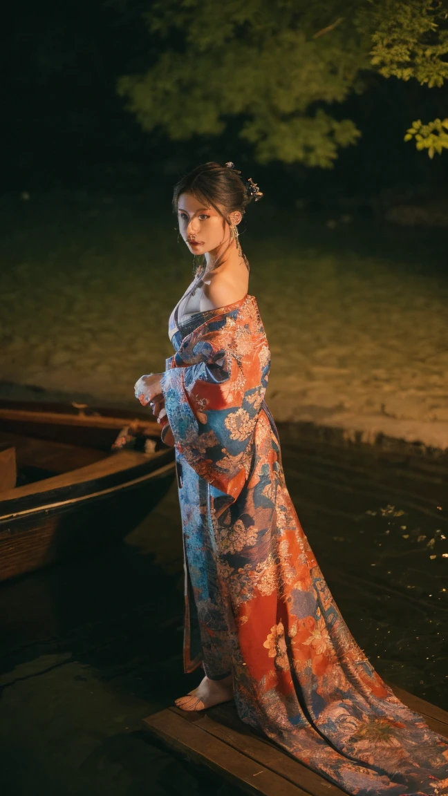 ((best quality, 8k, masterpiece :1.3)), Beautiful geisha in kimono.Bare shoulders, ((whole body)),Lying on a small boat.  By the waterfall lake. Night view. Moon decoration. #Top angle shot（dark light）_Snapshot, photo, High resolution, 4K, 8k, Scenery background)) Mix 4, 20 days_tattoo face texture. tattoo hand. Tattoo on the chest. shoulder tattoo.
