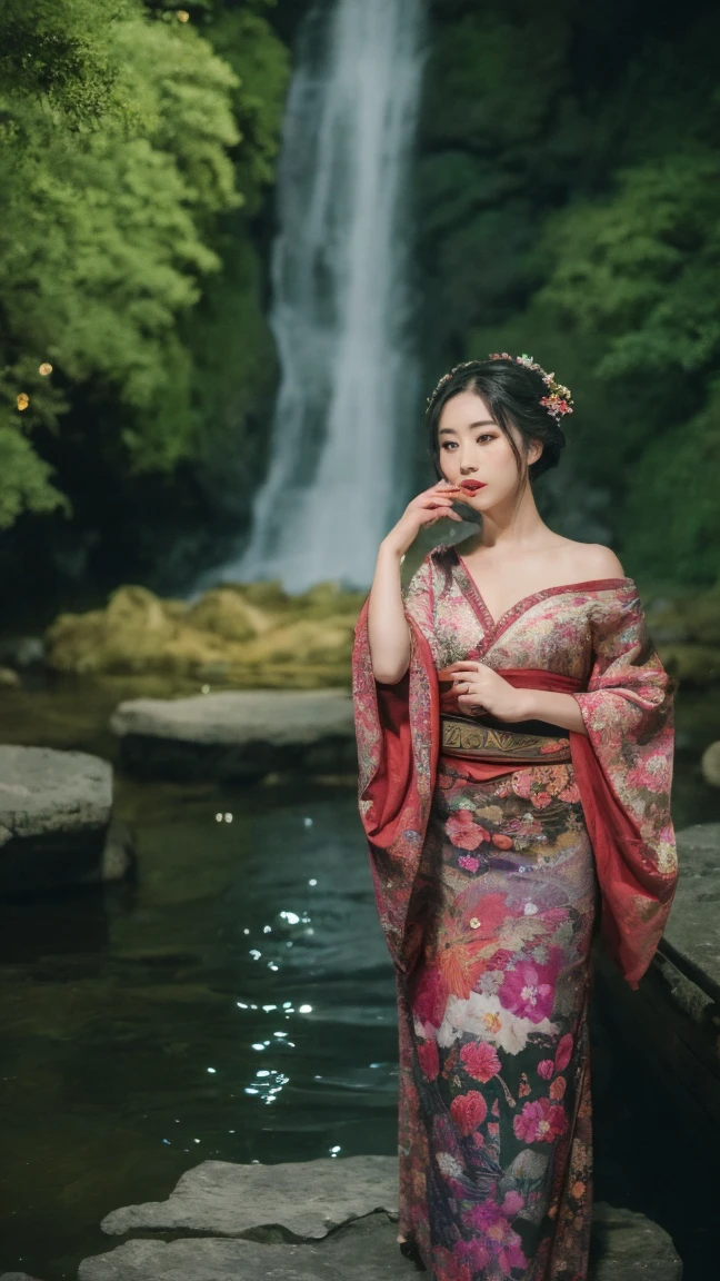 ((best quality, 8k, masterpiece :1.3)), Beautiful geisha in kimono.Bare shoulders, ((whole body)),Lying on a small boat.  By the waterfall lake. Night view. Moon decoration. #Top angle shot（dark light）_Snapshot, photo, High resolution, 4K, 8k, Scenery background)) Mix 4, 20 days_tattoo face texture. tattoo hand. Tattoo on the chest. shoulder tattoo.