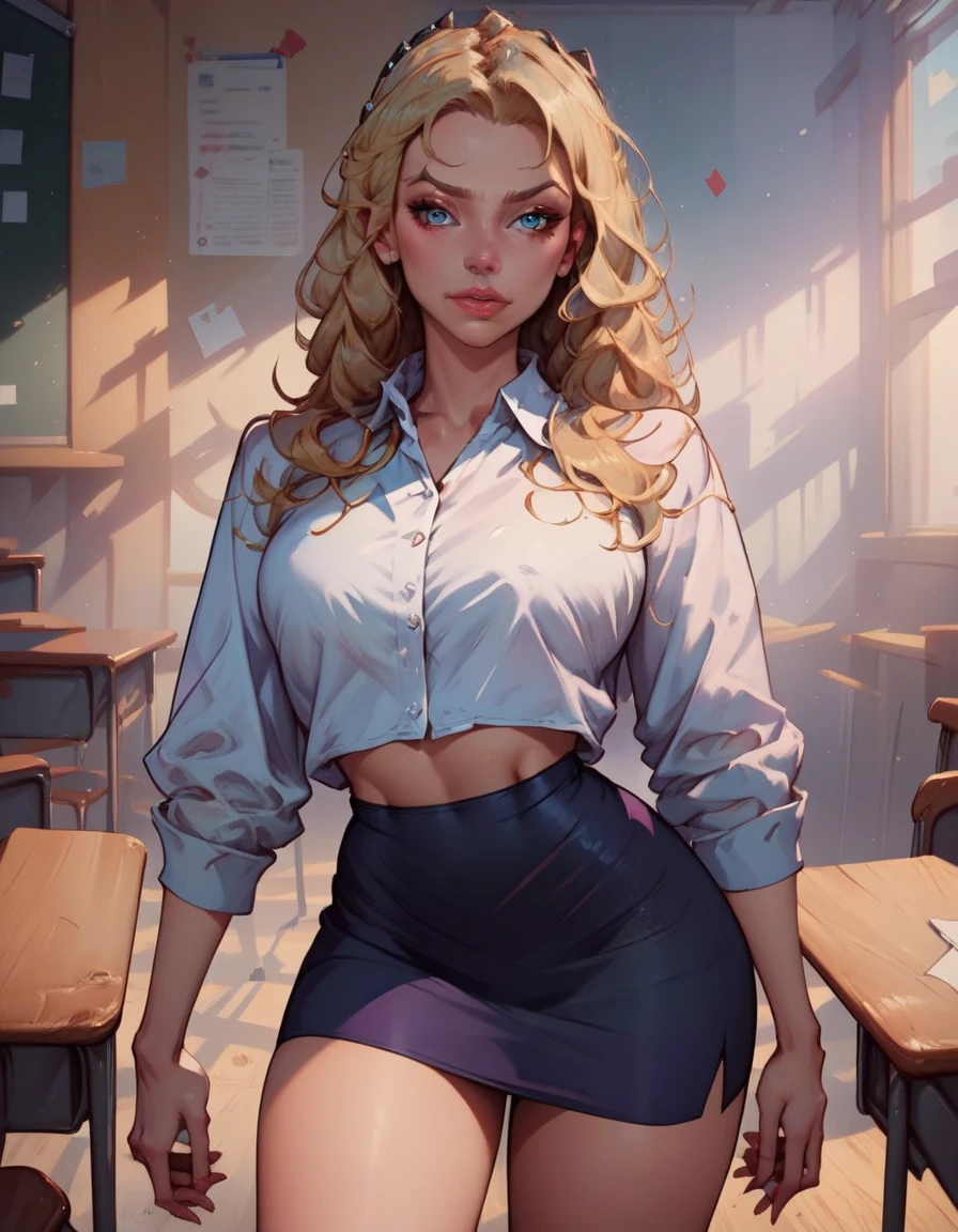 score_9, score_8_up, score_7_up, 1girl, teacher, white knotted shirt, black pencil-skirt, classroom, posing, blonde hair, long hair  