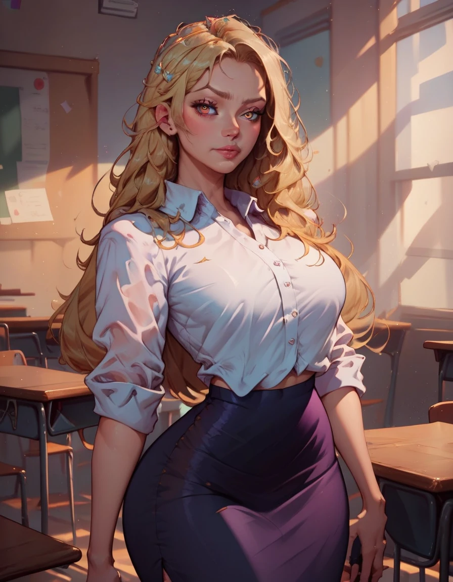 score_9, score_8_up, score_7_up, 1girl, teacher, white knotted shirt, black pencil-skirt, classroom, posing, blonde hair, long hair