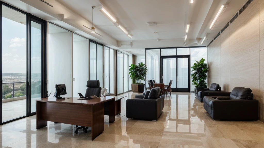 a beautifully designed office lobby, high ceilings, large windows, modern furniture, minimal and elegant decor, warm lighting, polished marble floors, potted plants, abstract art on the walls, comfortable seating areas, sleek reception desk, (best quality,4k,8k,highres,masterpiece:1.2),ultra-detailed,(realistic,photorealistic,photo-realistic:1.37),interior design,architecture,clean,sophisticated,ambient lighting