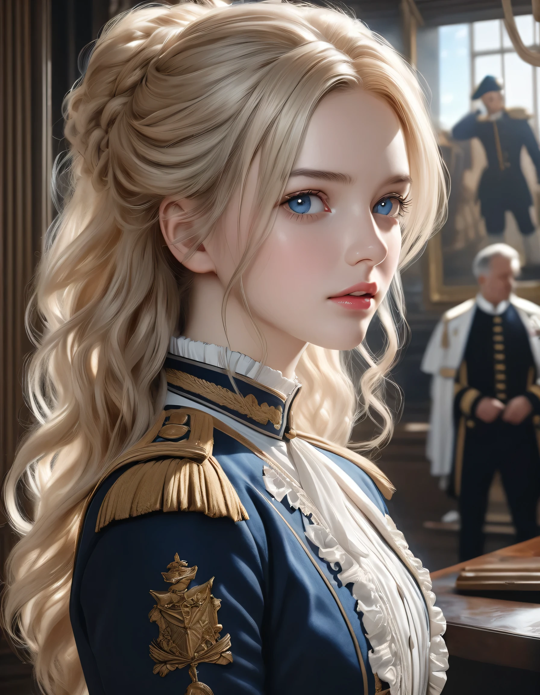 high quality, detailed, photo Realistic, (1 female),(25 years old), (detailed blue eyes), (light blond hair),(shiny skin),18th century admiral lord,navy board,(best quality,4k,8k,highres,masterpiece:1.2),(realistic,photorealistic,photo-realistic:1.37),