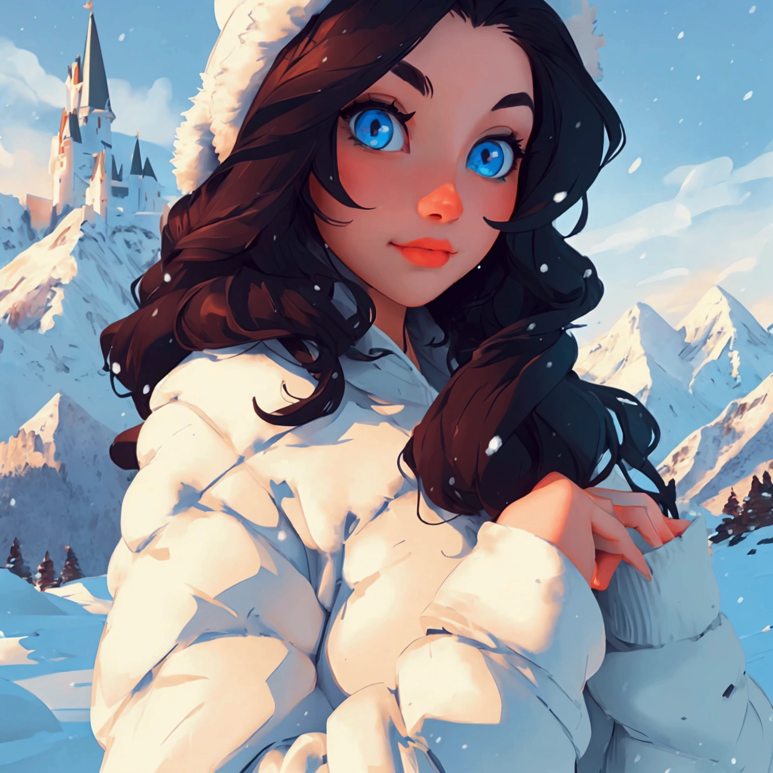 ((master piece)),best quality, illustration, dark, 1girl, In the wilderness,High mountain,Snow-capped mountains in the distance, castle, beautiful detailed eyes, beautiful detailed hair,