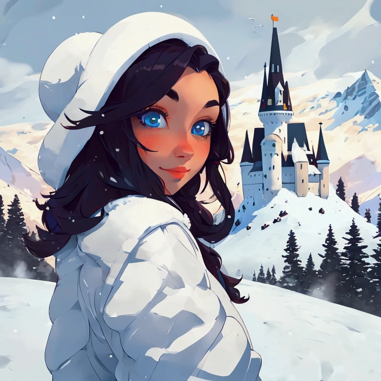 ((master piece)),best quality, illustration, dark, 1girl, In the wilderness,High mountain,Snow-capped mountains in the distance, castle, beautiful detailed eyes,  beautiful detailed hair,