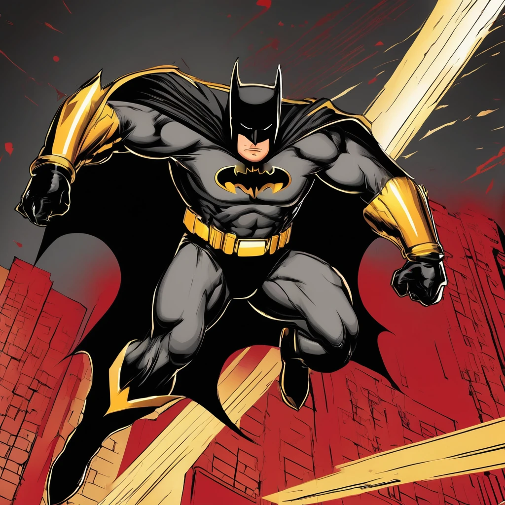 I want an art of Donald trump black and gold with a red and gold background The image must focus on Donald trump full body batman costume with walls or buildings in the background..