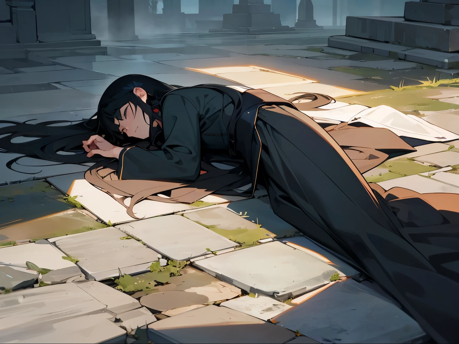 A teenage guy with long black hair is lying unconscious on the stone floor, the fog is all around