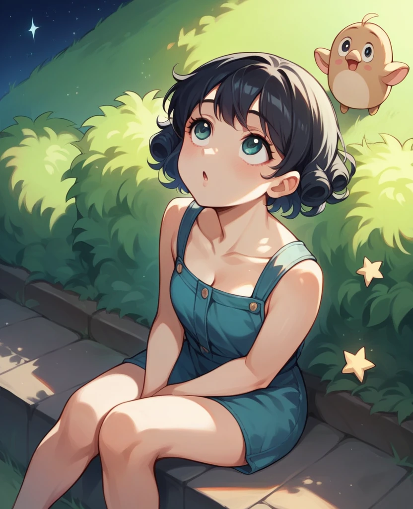 A cute 9 year old girl with short curly black hair sitting next to a 10 year old boy with Black hair looking up at the night sky with thousands of stars around her super beautiful sitting in a park looking up at the beautiful dusk