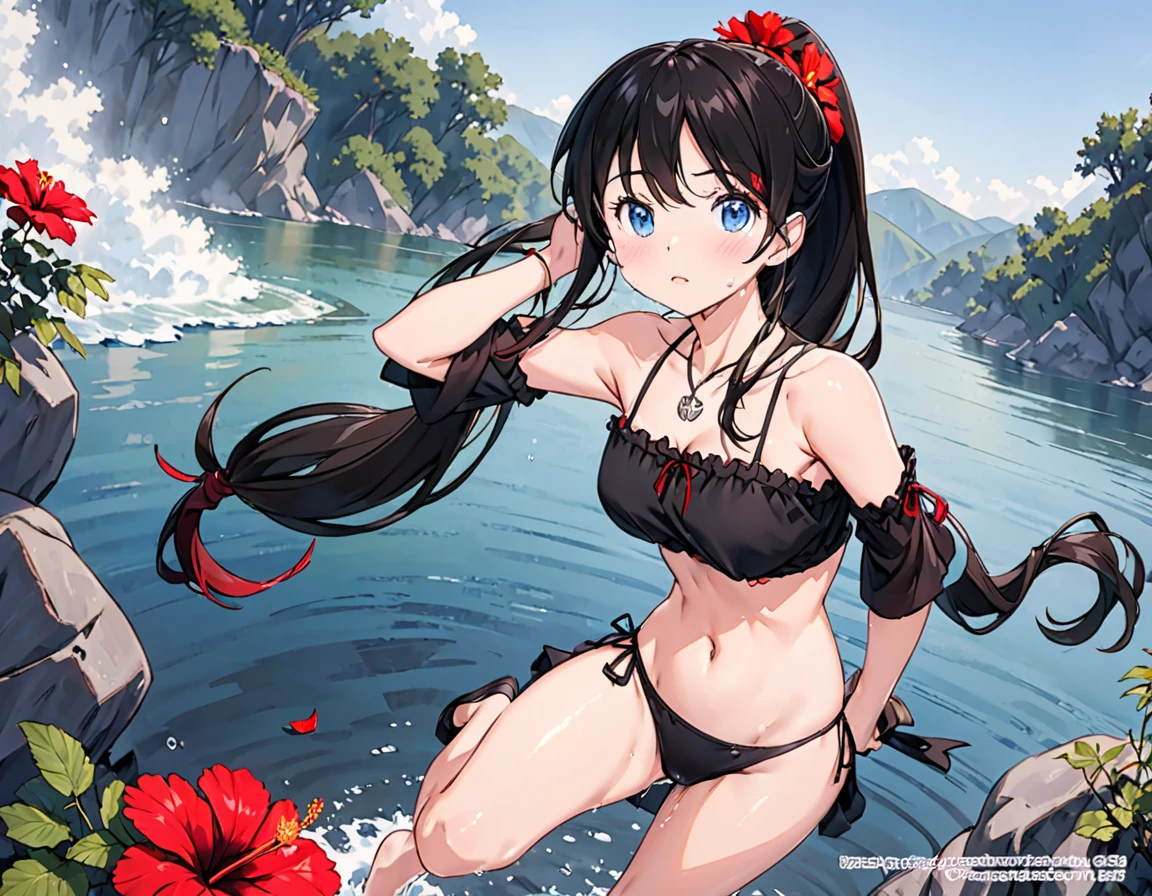 **Prompt:** "Please draw an anime-style female character with the following characteristics: - **Hair**: Long black hair tied in a ponytail, adorned with a red hibiscus flower. - **Eyes**: Blue eyes with a slight blush on her cheeks. - **Expression**: She has a slightly downward gaze with a somewhat troubled expression. - **Outfit**: She is wearing a black bikini. The bikini top has thin straps and an anchor pendant at the chest. The bikini bottom is also black with the text 'IRONBLOOD' written on it. She has a black garter on her left thigh. She is also wearing a light blue shirt that is slipping off her shoulders. - **Body**: She has a toned physique with emphasized muscle lines on her chest and abdomen. Her skin has water droplets, giving the appearance that she is wet. - **Pose**: She is standing with one leg raised, bent at the knee, and her body tilted at an angle. - **Background**: The background shows a blurred water surface, indicating that she is by the water. There are stones or rocks visible in the water."