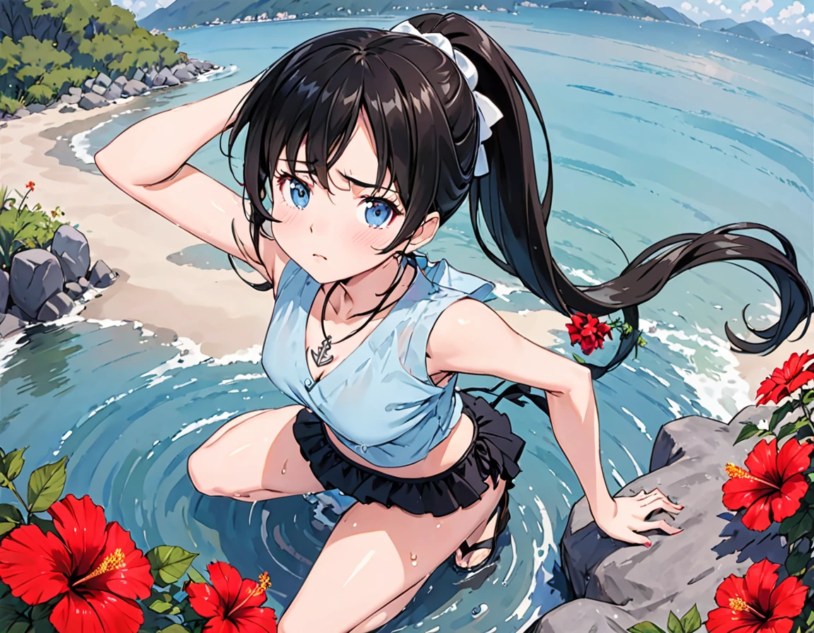 **Prompt:** "Please draw an anime-style female character with the following characteristics: - **Hair**: Long black hair tied in a ponytail, adorned with a red hibiscus flower. - **Eyes**: Blue eyes with a slight blush on her cheeks. - **Expression**: She has a slightly downward gaze with a somewhat troubled expression. - **Outfit**: She is wearing a black bikini. The bikini top has thin straps and an anchor pendant at the chest. The bikini bottom is also black with the text 'IRONBLOOD' written on it. She has a black garter on her left thigh. She is also wearing a light blue shirt that is slipping off her shoulders. - **Body**: She has a toned physique with emphasized muscle lines on her chest and abdomen. Her skin has water droplets, giving the appearance that she is wet. - **Pose**: She is standing with one leg raised, bent at the knee, and her body tilted at an angle. - **Background**: The background shows a blurred water surface, indicating that she is by the water. There are stones or rocks visible in the water."