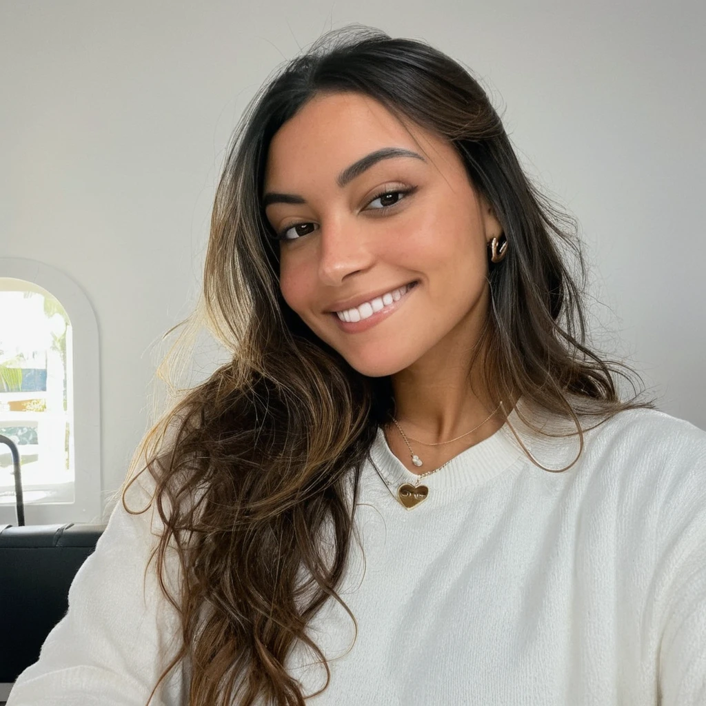 regardant droit vers la caméra, grain de film, Texture de la peau, Instagram closeup selFie oF a woman with beautiFul wavy hair wearing a heart necklace,F/1.8,porter une chemise à col roulé,beautiful smile, black hair