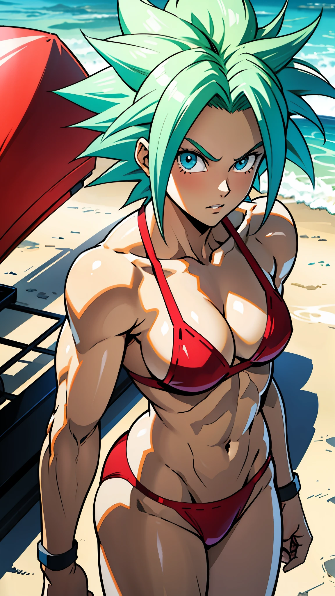 アニメ cel-shading Kefla, blue eyes, neon green hair, red bikini, on the beach in ((anime + manga + comics + cartoon) style)