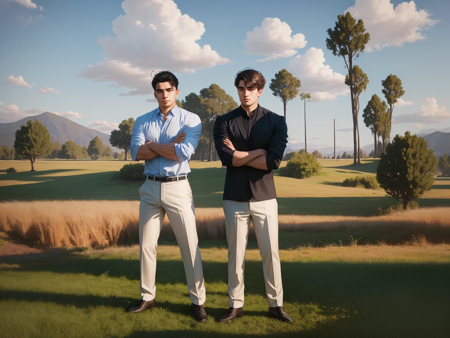 two men standing in the grass with their arms crossed