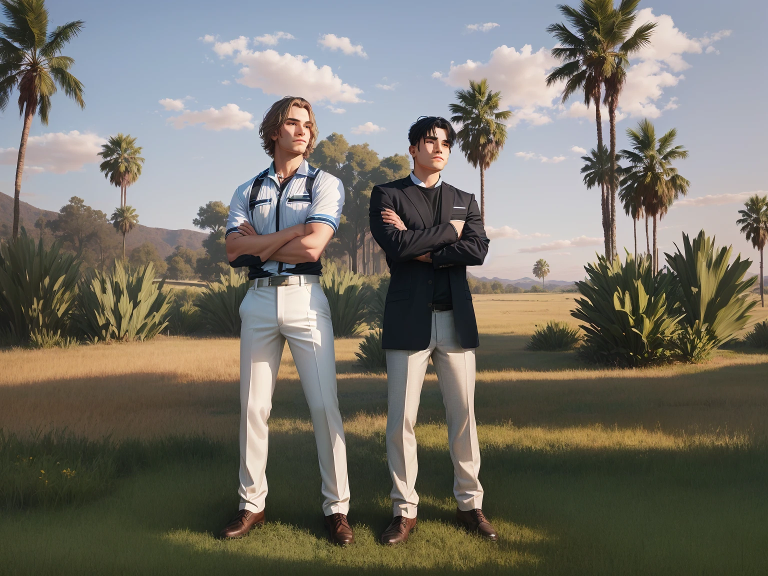 two men standing in the grass with their arms crossed