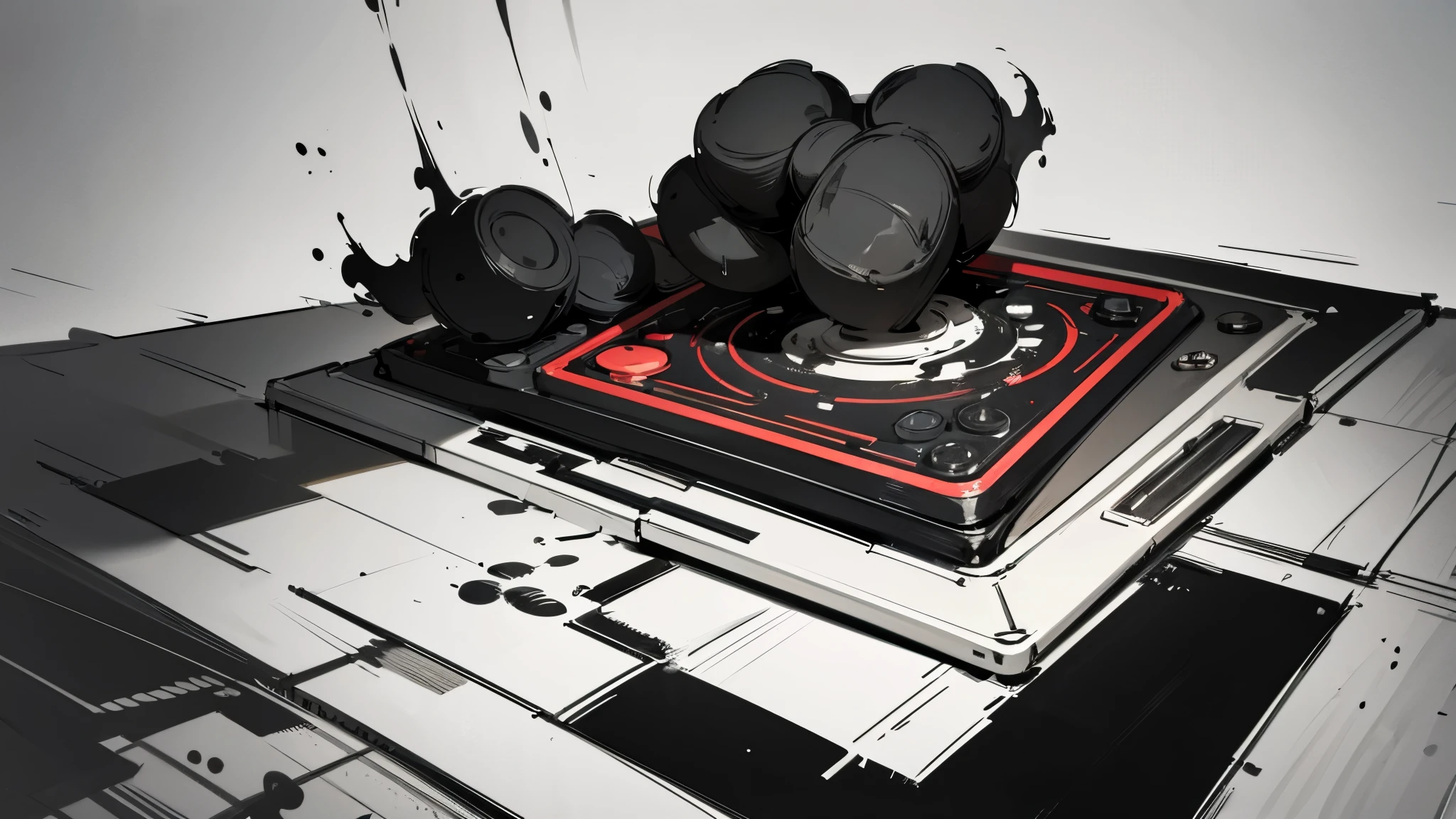 arcade stick, gaming, square pixels, arcade machine, retro, gaming controller, ink splatter, ink, black and white illustration, sketch, highly detailed, high quality, masterpiece, inky, line art, strong line art, flowing, beautiful, picturesque