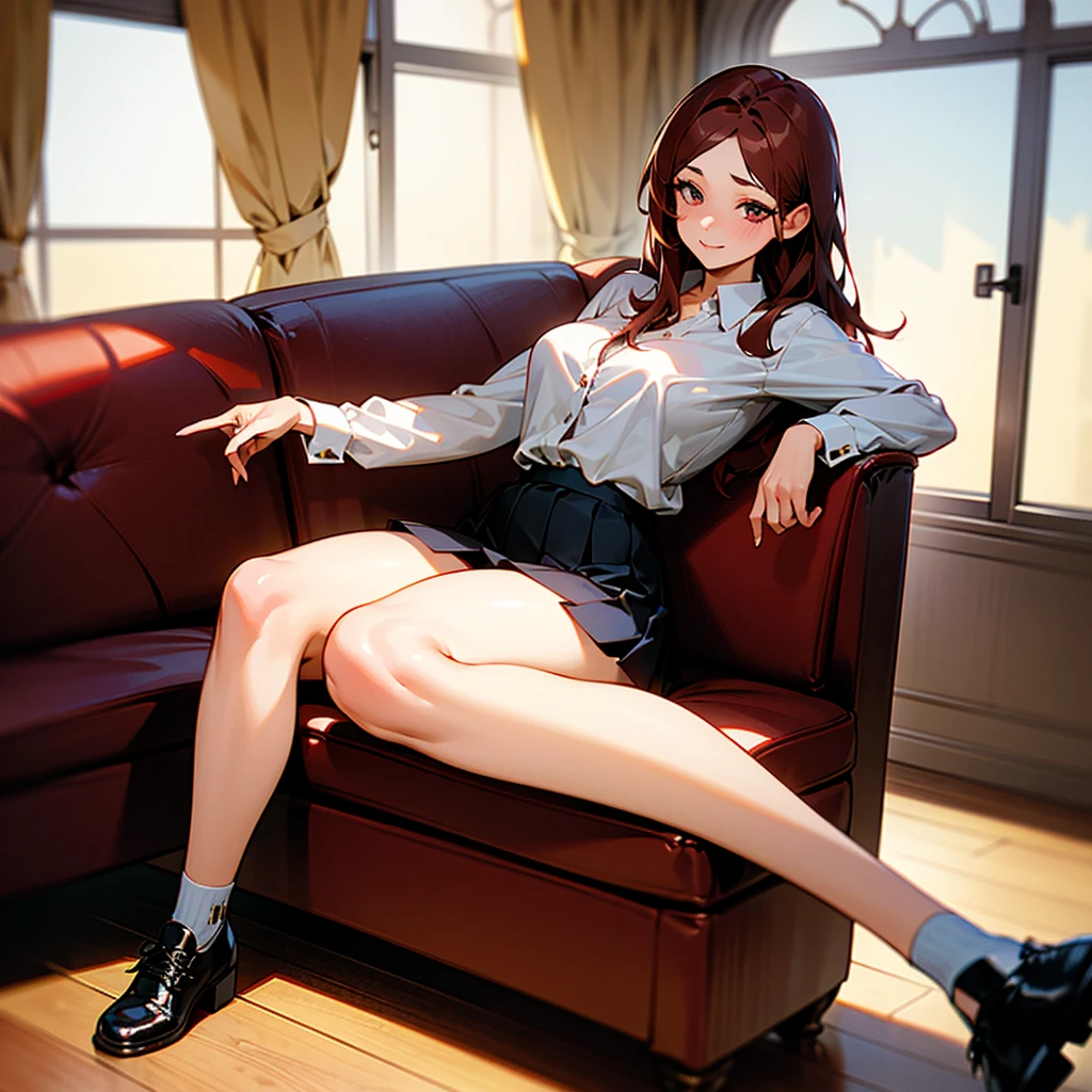 realistic image, detailed image, coherent image, 1 beautiful girl, she has a little long hair, Brown hair with red hair on the fringe that covers her forehead, Bright Reds eyes, shy expression. She is wearing a white button-down shirt, a thin thong, a pleated skirt, black shoes , She has a curvy body, medium-large breasts and very thick thighs, She is Sitting in a large and black Sofá, her legs are crossed, arching her back, background of a she is in a house, in the background there is a window without curtains that shows a city, Soft focus, full body view, Dramatic shadows, Volumetric lighting, natural lighting,