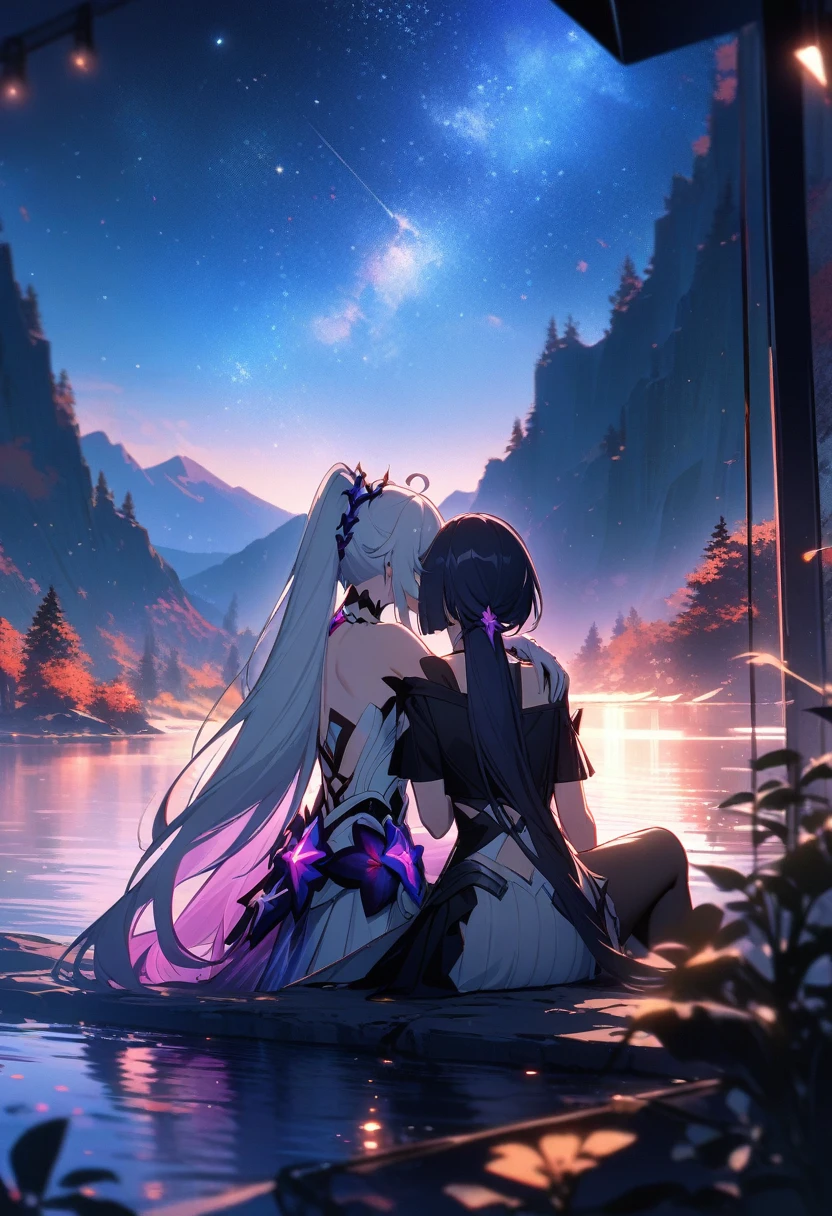 a beautiful detailed yuri scene of 2girls, Kiana Kaslana \(Herrscher of Finality)\ and Raiden Mei \(APHO)\, (Honkai Impact 3rd), very long hair, ponytail, (kissing:1.5) in a scenic landscape with mountains, a lake, and a starry nebula sky, romantic atmosphere, the girls sitting facing away from the camera, head resting on each other's shoulders, (best quality,4k,8k,highres,masterpiece:1.2),ultra-detailed, studio lighting, extremely detailed environment, vibrant colors, cinematic lighting