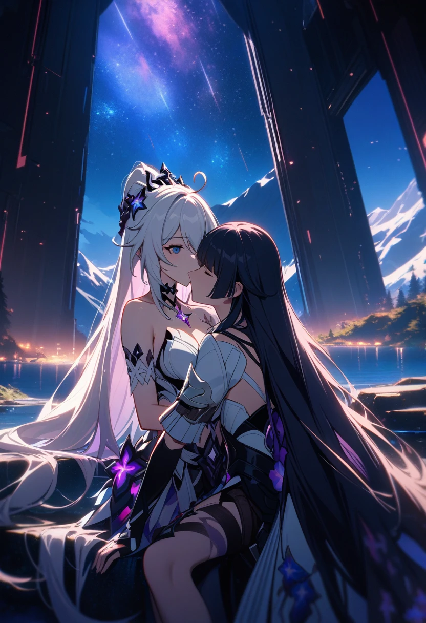 a beautiful detailed yuri scene of 2girls, Kiana Kaslana \(Herrscher of Finality)\ and Raiden Mei \(APHO)\, (Honkai Impact 3rd), very long hair, ponytail, (kissing:1.5) in a scenic landscape with mountains, a lake, and a starry nebula sky, romantic atmosphere, the girls sitting facing away from the camera, head resting on each other's shoulders, (best quality,4k,8k,highres,masterpiece:1.2),ultra-detailed, studio lighting, extremely detailed environment, vibrant colors, cinematic lighting