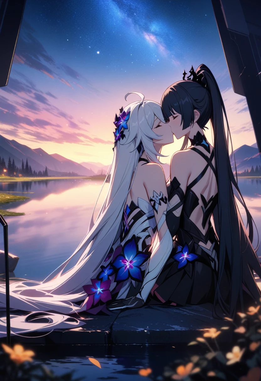 a beautiful detailed yuri scene of 2girls, Kiana Kaslana \(Herrscher of Finality)\ and Raiden Mei \(APHO)\, (Honkai Impact 3rd), very long hair, ponytail, (kissing:1.5) in a scenic landscape with mountains, a lake, and a starry nebula sky, romantic atmosphere, the girls sitting facing away from the camera, head resting on each other's shoulders, (best quality,4k,8k,highres,masterpiece:1.2),ultra-detailed, studio lighting, extremely detailed environment, vibrant colors, cinematic lighting