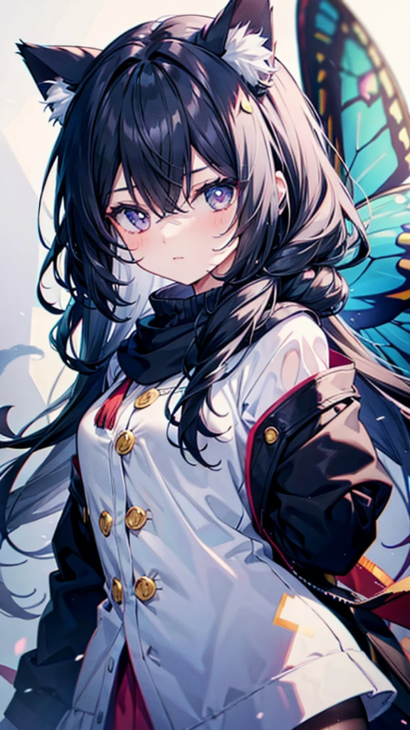 girl,Cat girl,Black hair,Left eye covered by hair,A butterfly rests on the left eye,Wizard's hat,Black magic robes,A mysterious texture is carved on it,Emitting the light of stars,There is a potion hanging on the left side of the belt,On the right hangs the Seed of Sorrow,There is a black figure behind,She stretched out her hands,There are many people around, swelling up and about to explode,十几岁的girl, Huge breast cleavage,Dark,sick,madman,Smiling,The bloody scene,kill,Violence,Angiotensin converting enzyme,Sissy,,cute,As weak as a kitten