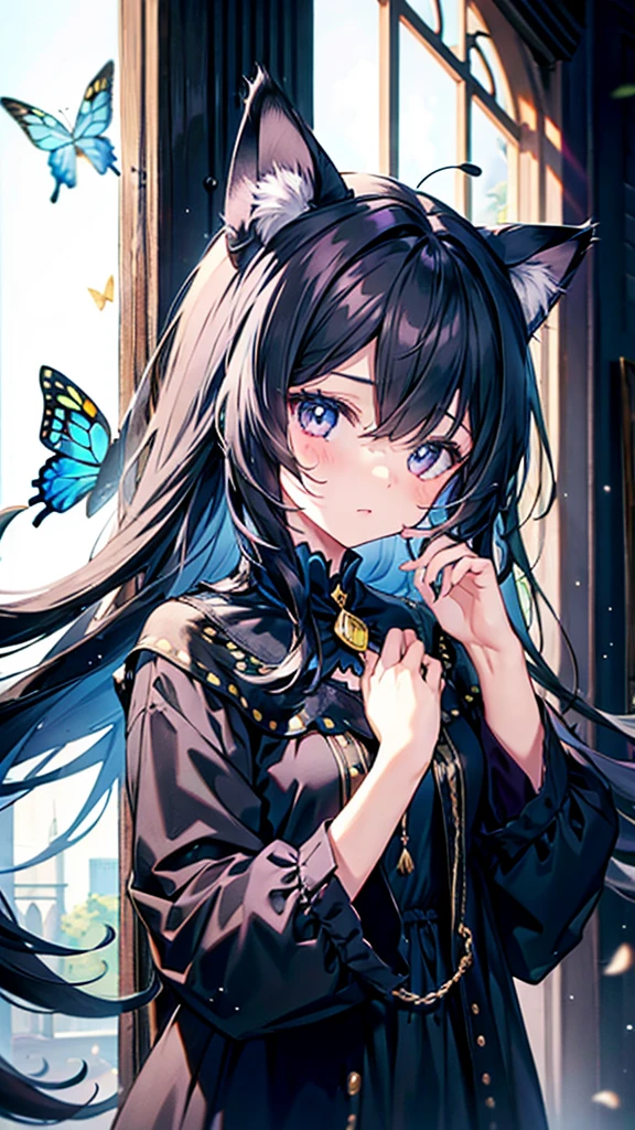 girl,Cat girl,Black hair,Left eye covered by hair,A butterfly rests on the left eye,Wizard's hat,Black magic robes,A mysterious texture is carved on it,Emitting the light of stars,There is a potion hanging on the left side of the belt,On the right hangs the Seed of Sorrow,There is a black figure behind,She stretched out her hands,There are many people around, swelling up and about to explode,十几岁的girl, Huge breast cleavage,Dark,sick,madman,Smiling,The bloody scene,kill,Violence,Angiotensin converting enzyme,Sissy,,cute,As weak as a kitten