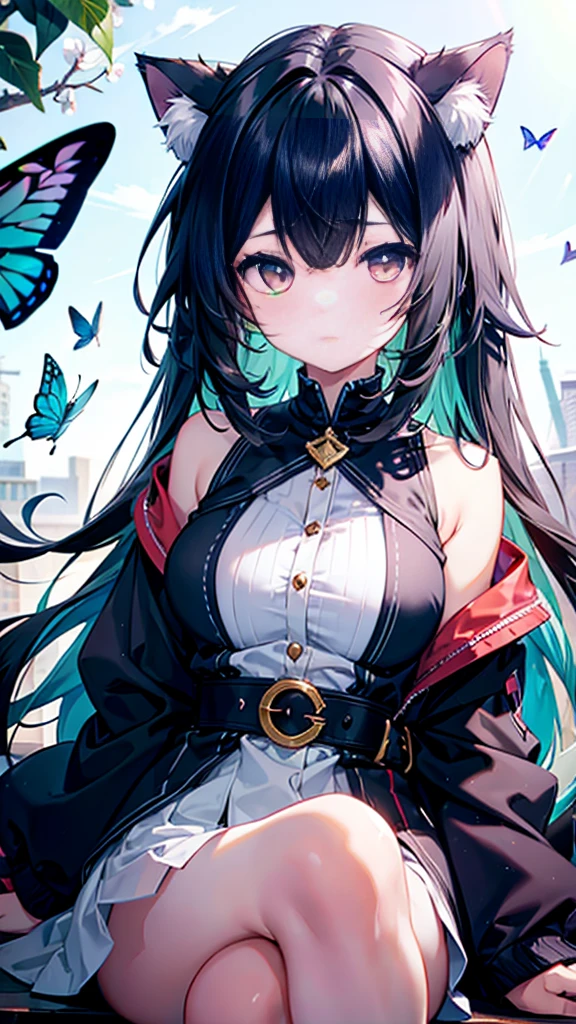 girl,Cat girl,Black hair,Left eye covered by hair,A butterfly rests on the left eye,Wizard's hat,Black magic robes,A mysterious texture is carved on it,Emitting the light of stars,There is a potion hanging on the left side of the belt,On the right hangs the Seed of Sorrow,There is a black figure behind,She stretched out her hands,There are many people around, swelling up and about to explode,十几岁的girl, Huge breast cleavage,Dark,sick,madman,Smiling,The bloody scene,kill,Violence,Angiotensin converting enzyme,Sissy,,cute,As weak as a kitten
