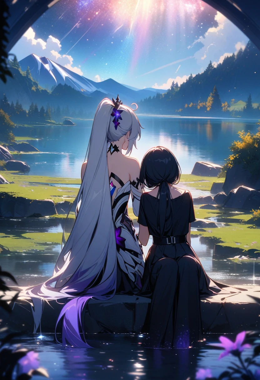 a beautiful detailed yuri scene of 2girls, Kiana Kaslana \(Herrscher of Finality)\ and Raiden Mei \(APHO)\, (Honkai Impact 3rd), very long hair, ponytail, (kissing:1.5) in a scenic landscape with mountains, a lake, and a starry nebula sky, romantic atmosphere, the girls sitting facing away from the camera, head resting on each other's shoulders, (best quality,4k,8k,highres,masterpiece:1.2),ultra-detailed, studio lighting, extremely detailed environment, vibrant colors, cinematic lighting
