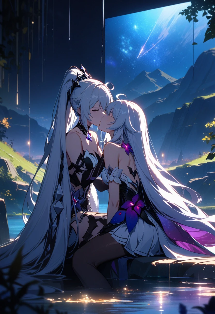 a beautiful detailed yuri scene of 2girls, Kiana Kaslana \(Herrscher of Finality)\ and Raiden Mei \(APHO)\, (Honkai Impact 3rd), very long hair, ponytail, (kissing:1.5) in a scenic landscape with mountains, a lake, and a starry nebula sky, romantic atmosphere, the girls sitting facing away from the camera, head resting on each other's shoulders, (best quality,4k,8k,highres,masterpiece:1.2),ultra-detailed, studio lighting, extremely detailed environment, vibrant colors, cinematic lighting