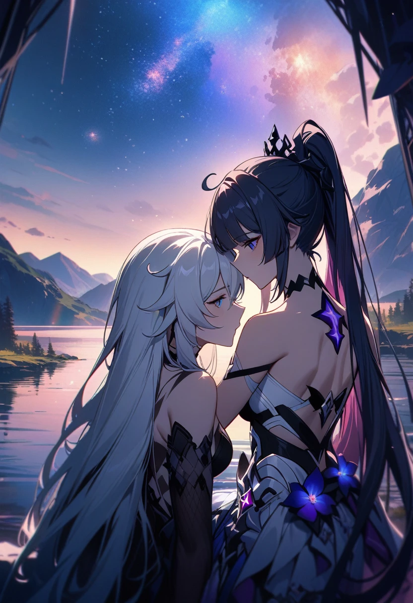 a beautiful detailed yuri scene of 2girls, Kiana Kaslana \(Herrscher of Finality)\ and Raiden Mei \(APHO)\, (Honkai Impact 3rd), very long hair, ponytail, (kissing:1.5) in a scenic landscape with mountains, a lake, and a starry nebula sky, romantic atmosphere, the girls sitting facing away from the camera, head resting on each other's shoulders, (best quality,4k,8k,highres,masterpiece:1.2),ultra-detailed, studio lighting, extremely detailed environment, vibrant colors, cinematic lighting
