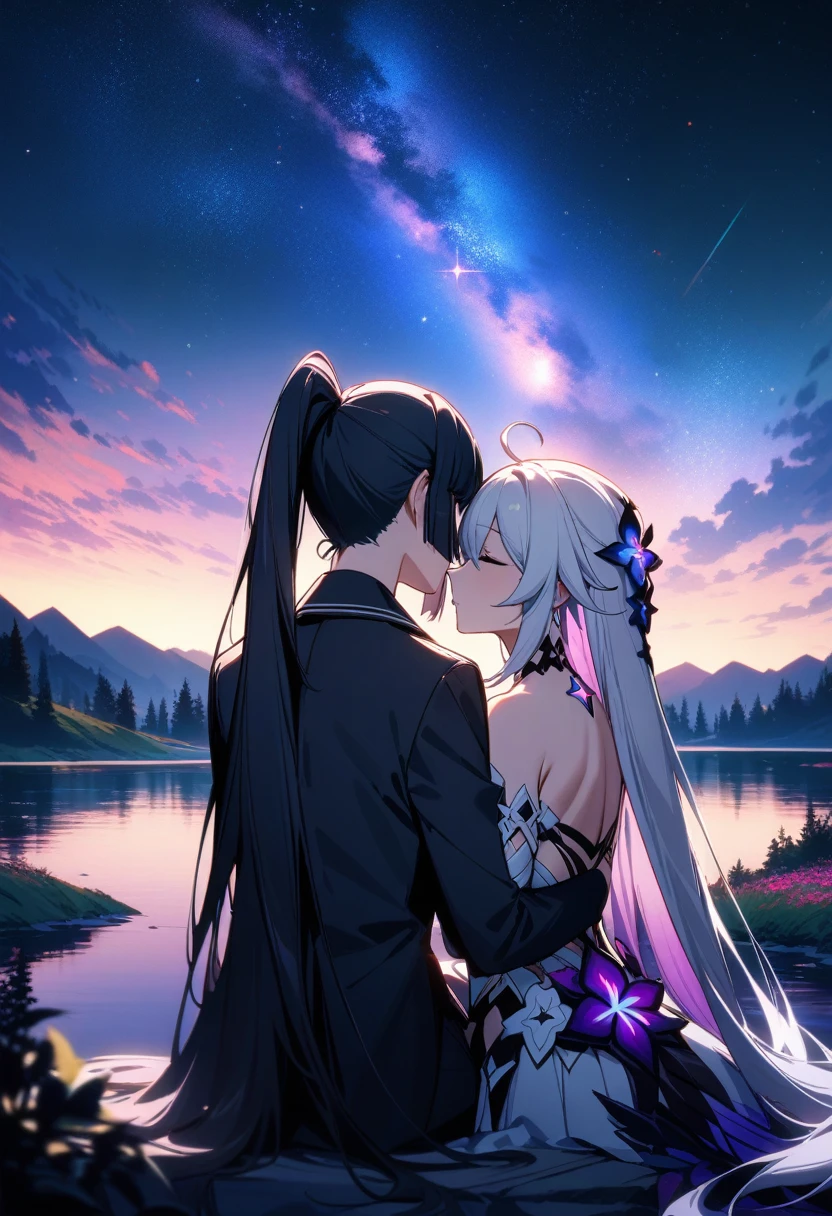 a beautiful detailed yuri scene of 2girls, Kiana Kaslana \(Herrscher of Finality)\ and Raiden Mei \(APHO)\, (Honkai Impact 3rd), very long hair, ponytail, (kissing:1.5) in a scenic landscape with mountains, a lake, and a starry nebula sky, romantic atmosphere, the girls sitting facing away from the camera, head resting on each other's shoulders, (best quality,4k,8k,highres,masterpiece:1.2),ultra-detailed, studio lighting, extremely detailed environment, vibrant colors, cinematic lighting