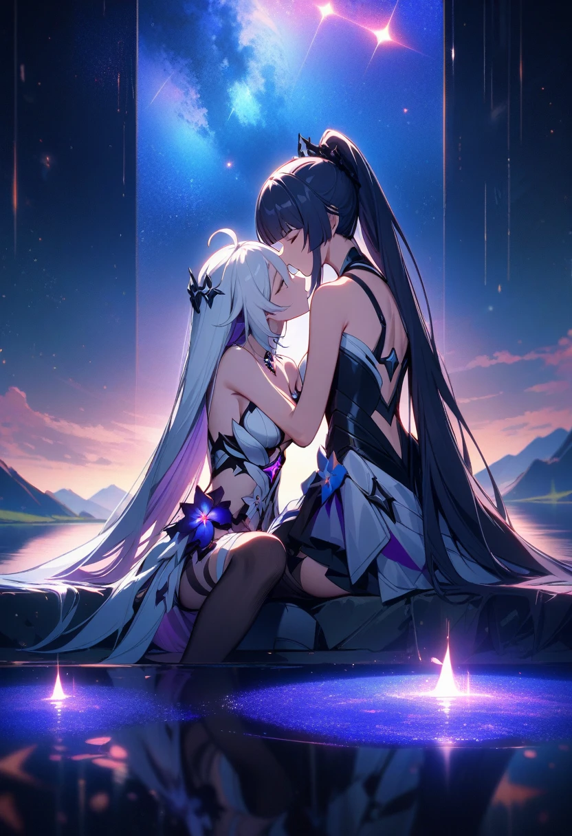 a beautiful detailed yuri scene of 2girls, Kiana Kaslana \(Herrscher of Finality)\ and Raiden Mei \(APHO)\, (Honkai Impact 3rd), very long hair, ponytail, (kissing:1.5) in a scenic landscape with mountains, a lake, and a starry nebula sky, romantic atmosphere, the girls sitting facing away from the camera, head resting on each other's shoulders, (best quality,4k,8k,highres,masterpiece:1.2),ultra-detailed, studio lighting, extremely detailed environment, vibrant colors, cinematic lighting