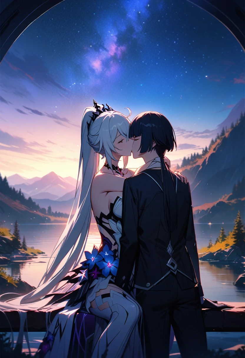 a beautiful detailed portrait of  girls, Kiana Kaslana \(Herrscher of Finality)\ and Raiden Mei \(APHO)\, (Honkai Impact 3rd), very long hair, ponytail, (kissing:1.5) in a scenic landscape with mountains, a lake, and a starry nebula sky, romantic atmosphere, the girls sitting facing away from the camera, head resting on each other's shoulders, (best quality,4k,8k,highres,masterpiece:1.2),ultra-detailed, studio lighting, extremely detailed environment, vibrant colors, cinematic lighting