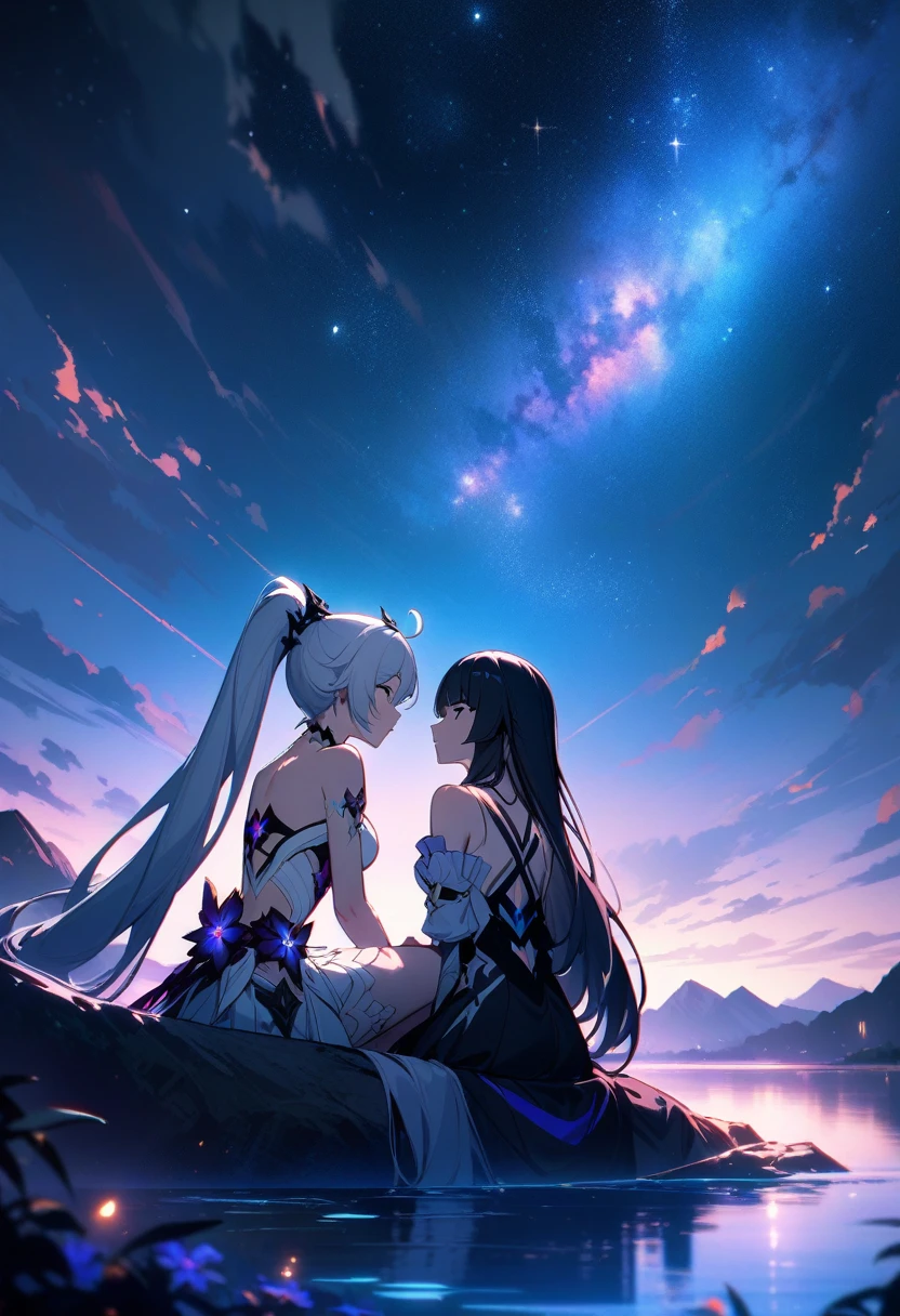 a beautiful detailed yuri scene of 2girls, Kiana Kaslana \(Herrscher of Finality)\ and Raiden Mei \(APHO)\, (Honkai Impact 3rd), very long hair, ponytail, (kissing:1.5) in a scenic landscape with mountains, a lake, and a starry nebula sky, romantic atmosphere, the girls sitting facing away from the camera, head resting on each other's shoulders, (best quality,4k,8k,highres,masterpiece:1.2),ultra-detailed, studio lighting, extremely detailed environment, vibrant colors, cinematic lighting