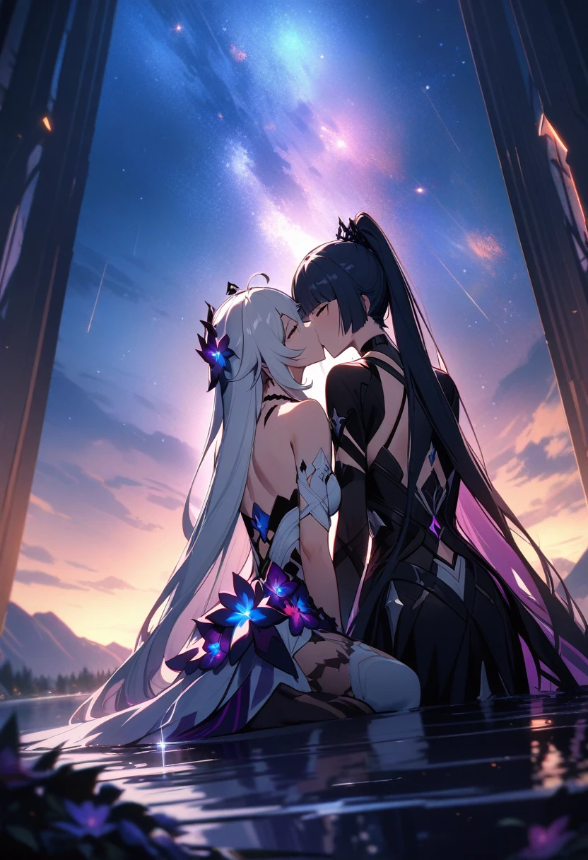 a beautiful detailed yuri scene of 2girls, Kiana Kaslana \(Herrscher of Finality)\ and Raiden Mei \(APHO)\, (Honkai Impact 3rd), very long hair, ponytail, (kissing:1.5) in a scenic landscape with mountains, a lake, and a starry nebula sky, romantic atmosphere, the girls sitting facing away from the camera, head resting on each other's shoulders, (best quality,4k,8k,highres,masterpiece:1.2),ultra-detailed, studio lighting, extremely detailed environment, vibrant colors, cinematic lighting