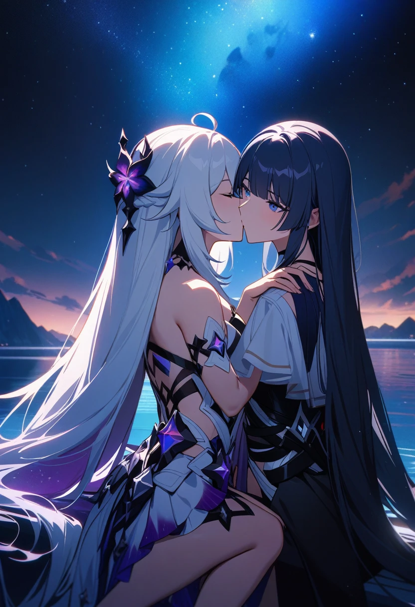a beautiful detailed yuri scene of 2girls, Kiana Kaslana \(Herrscher of Finality)\ and Raiden Mei \(APHO)\, (Honkai Impact 3rd), very long hair, ponytail, (kissing:1.5) in a scenic landscape with mountains, a lake, and a starry nebula sky, romantic atmosphere, the girls sitting facing away from the camera, head resting on each other's shoulders, (best quality,4k,8k,highres,masterpiece:1.2),ultra-detailed, studio lighting, extremely detailed environment, vibrant colors, cinematic lighting