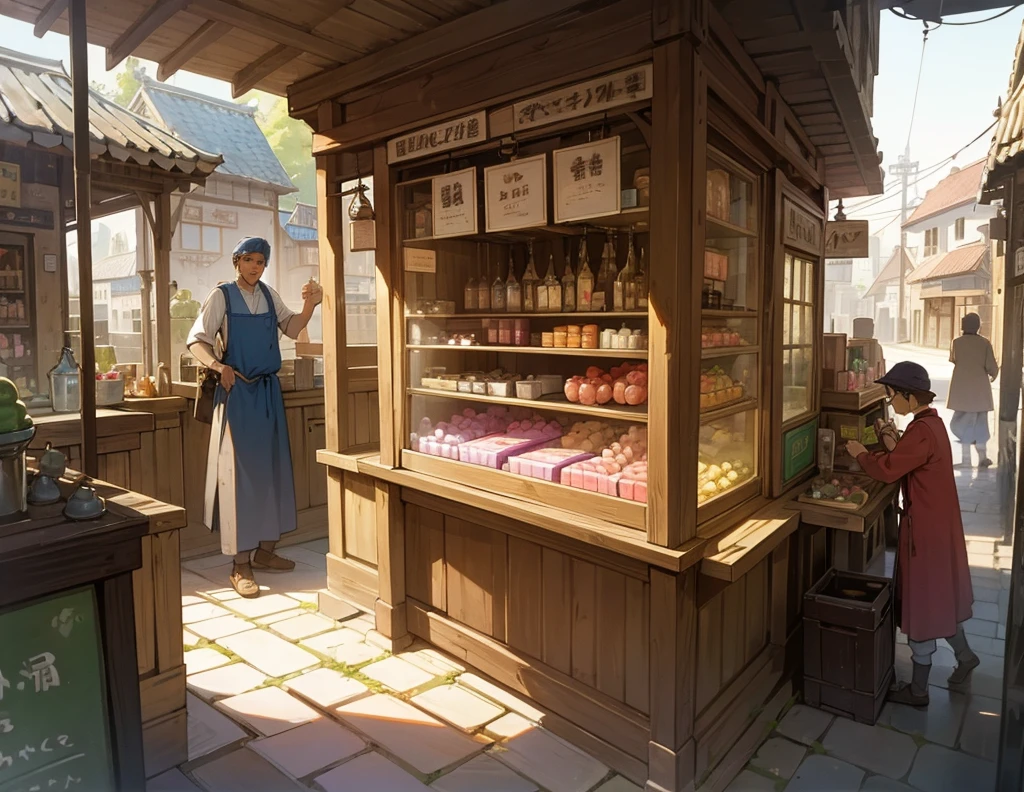A village man who stand in sweet shop and a shpokeeper measure sweets