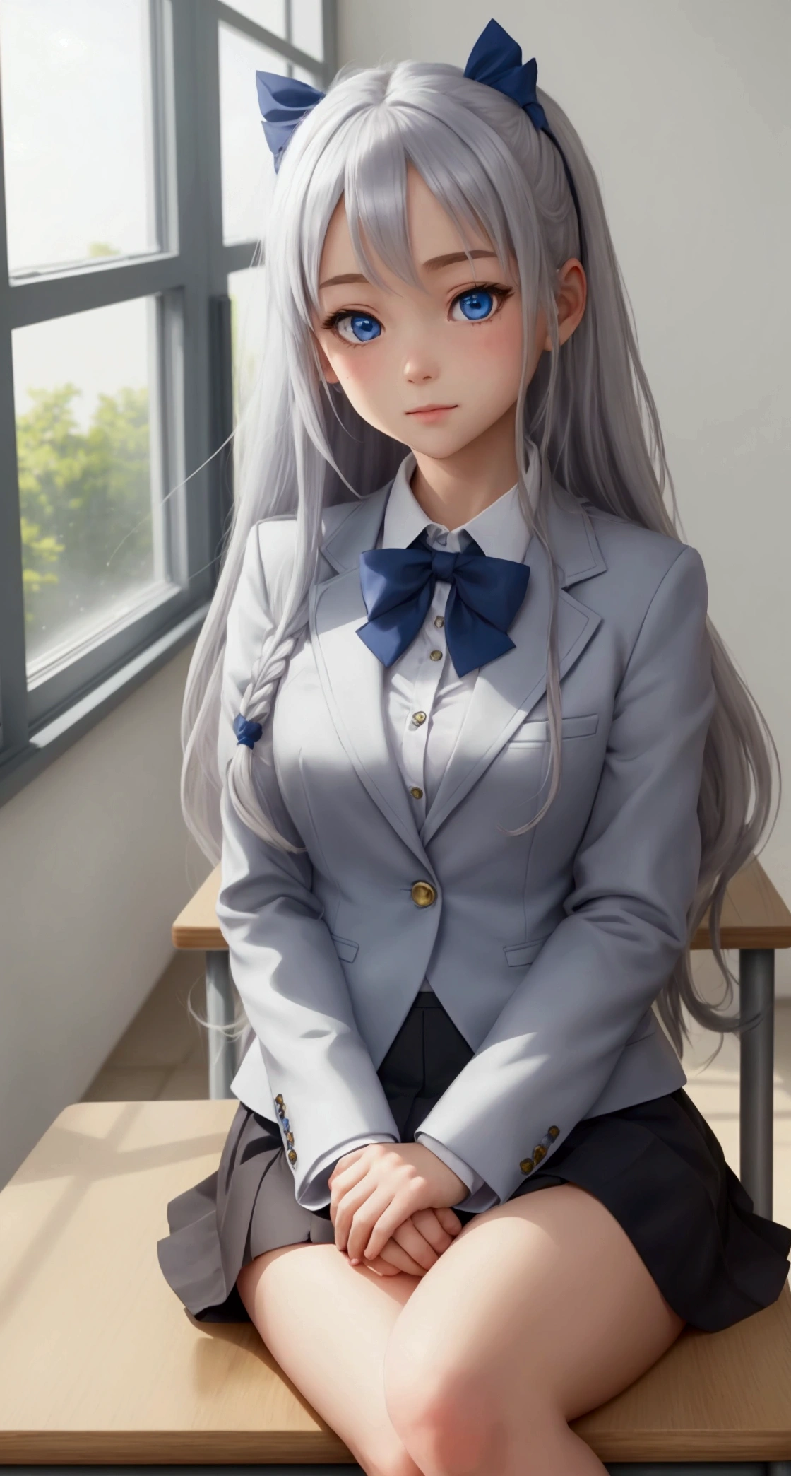Detail, one girl, light blue point color with gray hair, purple eyes, shining eyes, sitting on classroom teaching table, triangular sitting, uniform, parted lips, blush, flower, sun, sunlight,