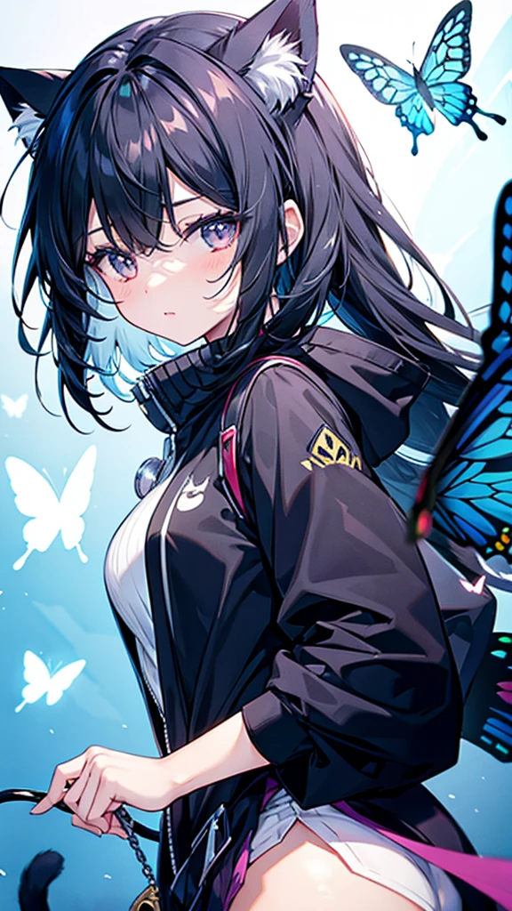 girl,Cat girl,Black hair,Left eye covered by hair,A butterfly rests on the left eye,Wizard's hat,Black magic robes,A mysterious texture is carved on it,Emitting the light of stars,There is a potion hanging on the left side of the belt,On the right hangs the Seed of Sorrow
