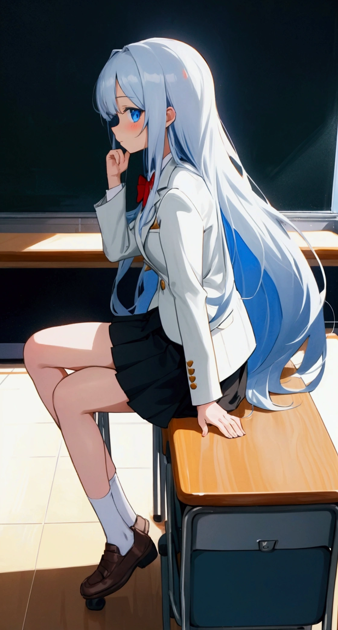 "High-quality anime-style illustration of a cute girl with long silver hair and bright blue eyes, sitting in a classroom. She is wearing a with a white blazer, red bow, and black skirt. The girl is looking slightly to the side with a shy expression, her hand near her face, and her legs crossed. The background shows a sunny classroom with desks and windows."