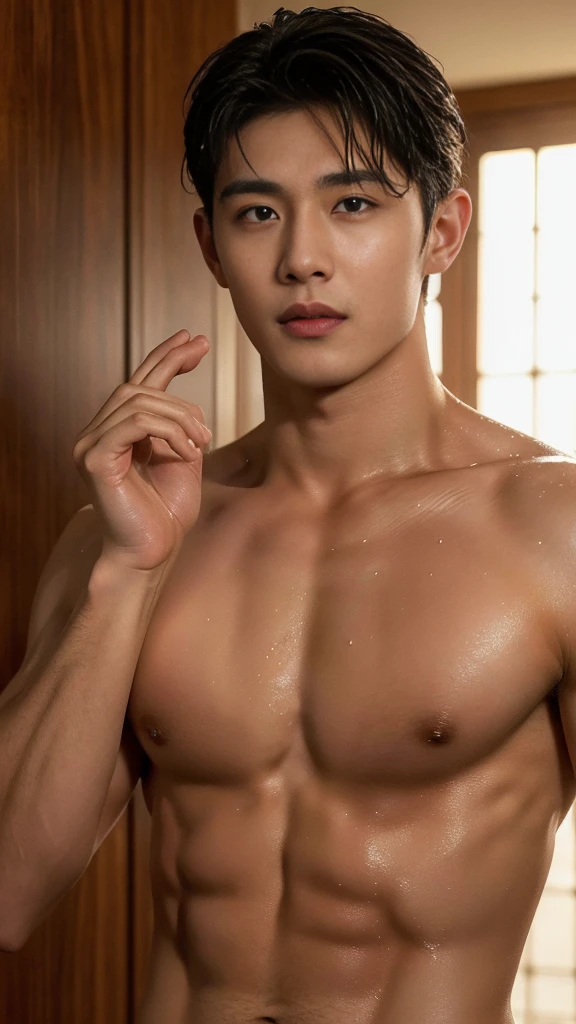 (Photorealistic: 1.2, Top Quality, 8k, Wet: 1.3), (Man, hands on his ), 20-year-old blonde  Ukrainian bodybuilder boy show his big , , full , actor, open yukata, , (sweat: 1.2, wet: 1.2), fine skin, (film lighting,  hair, arm hair), soft light, double eyelids, (seductive), (((excited)), full , expose his big , men , corrected , smooth shinning skin, 